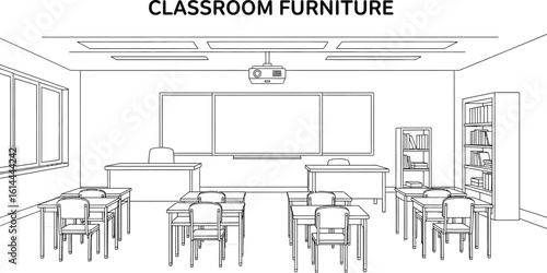 Minimalist Line Art of a Classroom Interior Featuring Desks, Chairs, Bookshelves