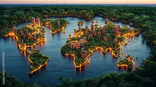 Aerial View of a Lush Green World Map with Buildings and Glowing Borders