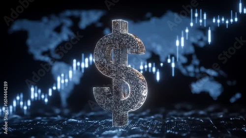 Dollar Sign with Rising Graph Against a World Map Displaying Financial Growth and Global Trade on a Dark Blue Technological Backdrop