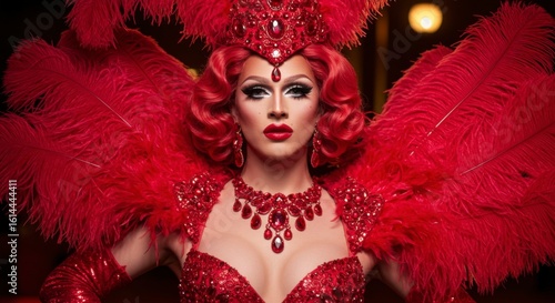 A glamorous performer in a dazzling red feathered costume and ornate jewelry, striking a captivating pose (1)