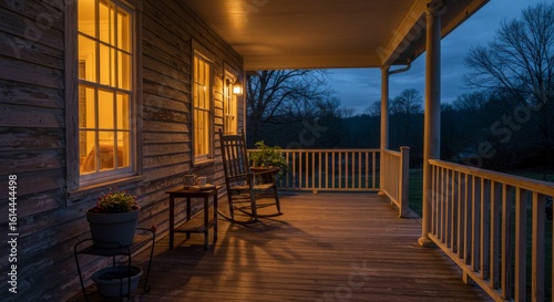 Serene evening view of a rustic house porch with rocking chairs, plants, and warm lighting