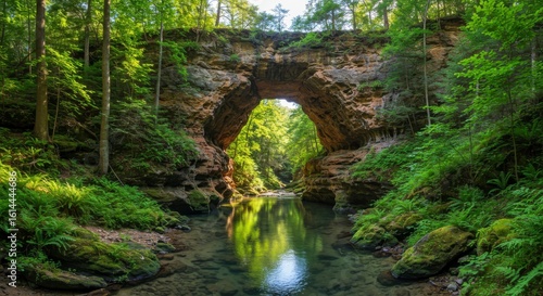 Natural stone bridge arches over a tranquil stream, surrounded by lush greenery and sunlight filtering through the leaves