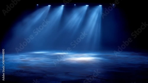 Dramatic Blue Spotlights Shining on a Textured Stage Floor in Dark Environment for Performance Backgrounds and Abstract Design
