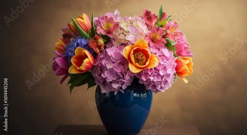 Vibrant bouquet of tulips, hydrangeas, and alstroemerias in a dark blue vase