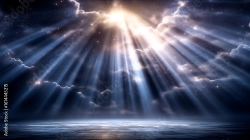 Dramatic Light Beams Shining Through Heavenly Clouds Above Stone Surface