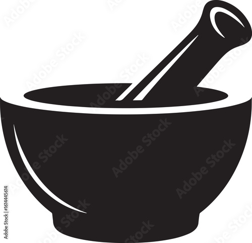 Classic black silhouette of a mortar and pestle for grinding herbs