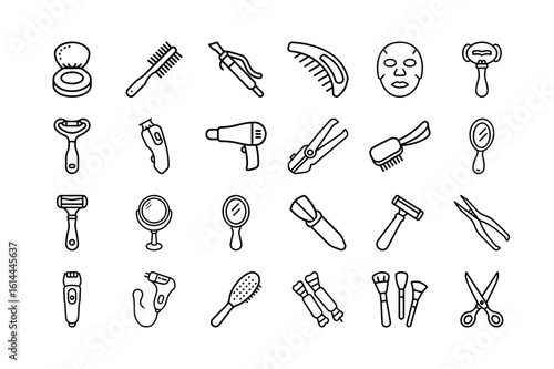 Beauty & Grooming Icon Set. Makeup, Hair Dryer, Comb, Razor, Scissors, Brush, Mirror, Facial Mask, Tweezers, Blow Dryer, and More. Editable line icons. Vector illustration.