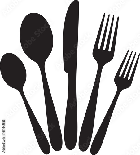 Silhouette of assorted cutlery including spoons forks and a knife