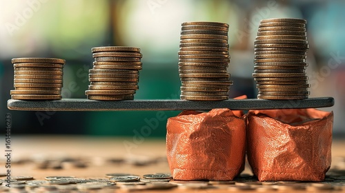 Diminishing stacks of coins balanced on a seesaw illustrate decreasing savings, economic decline, or financial instability 