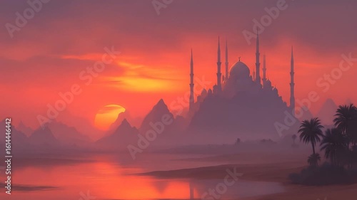 Dramatic Sunset Over A Mosque Silhouetted Against A Fiery Sky With Water Reflection