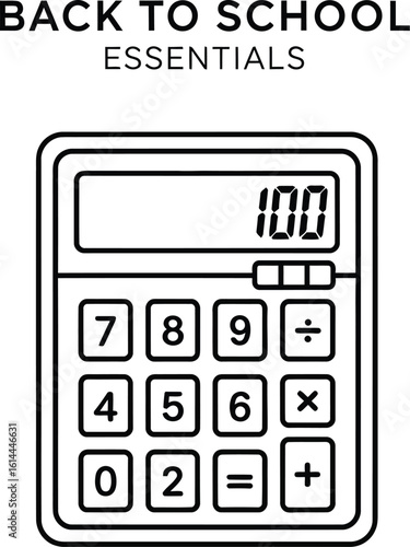 Minimalist Line Drawing of a Simple Calculator with Display Showing 100 for Back to School Essentials, Perfect for Education and Finance Related Projects