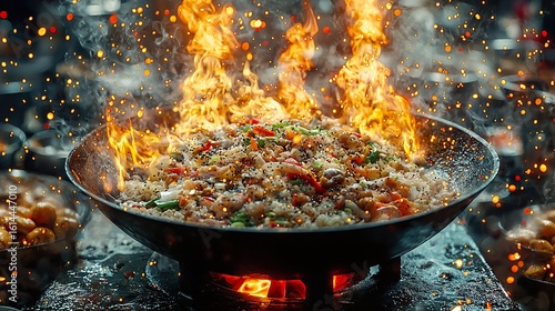 Dramatic Wok Cooking with Flames and Sizzling Food for Street Market and Culinary Performance Concepts


