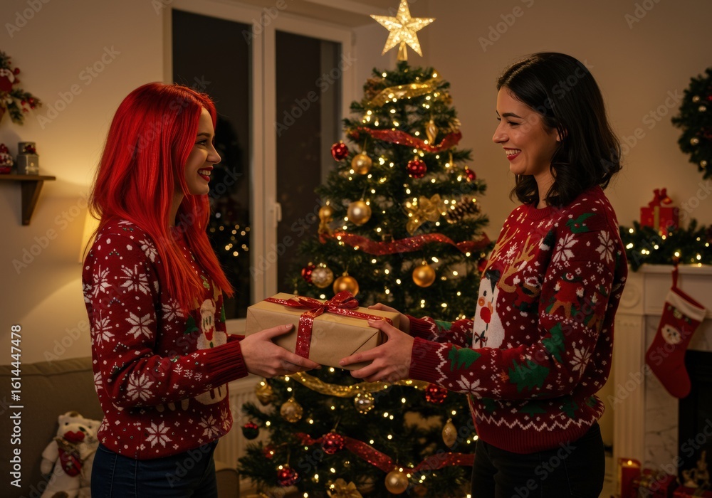 Two friends exchange gifts by a decorated Christmas tree, spreading holiday cheer together. Two friends exchange gifts by a decorated Christmas tree, spreading holiday cheer together.