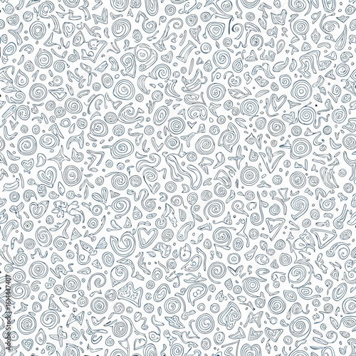 Seamless pattern with hand drawn doodle elements on white background in blue color scheme