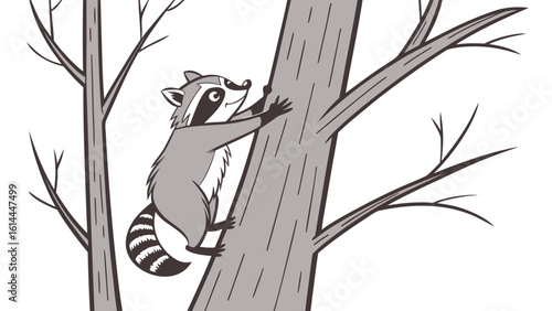 A raccoon climbing up a tree trunk in a dense forest, AI generative illustration