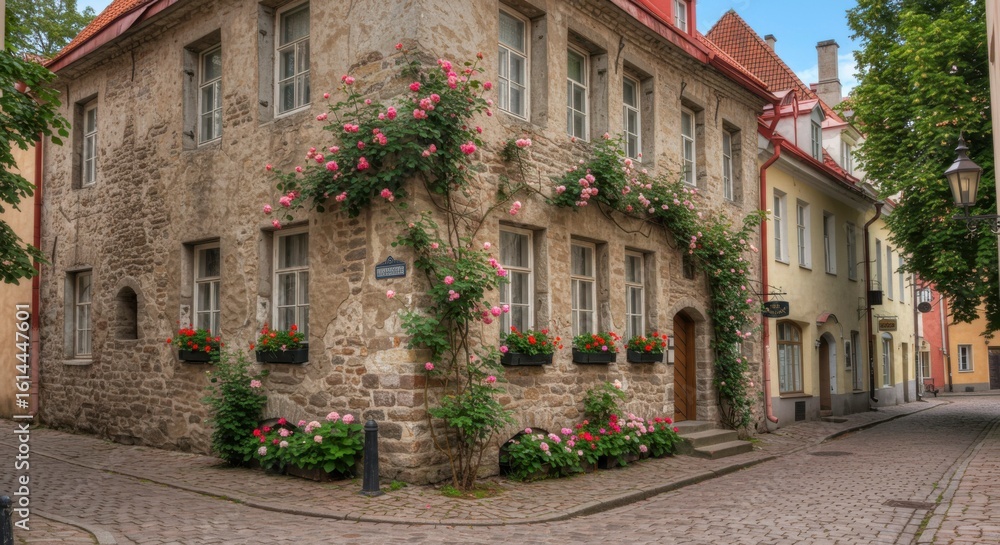 Obraz premium European cobblestone street corner