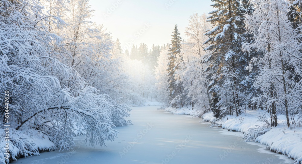 Sunlit, snow-covered winter forest with a frozen river meandering through it, creating a serene and picturesque scene Sunlit, snow-covered winter forest with a frozen river meandering through it, creating a serene and picturesque scene