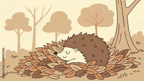 A sleeping hedgehog curled up under fallen autumn leaves in a forest, AI generative illustration