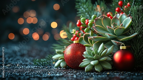 Elegant Succulent and Ornament Arrangement for Festive Holiday Decoration on Dark Background

