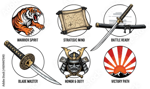 A dynamic illustration showcases the essence of the samurai spirit, featuring symbolic emblems of honor, strategic thinking, and unwavering determination. a stylized tiger, a map,