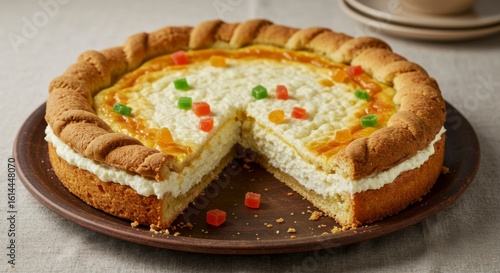 Wallpaper Mural Creamy cheese tart with candied fruit, a slice removed, rests on a rustic brown plate Torontodigital.ca