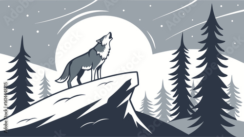 A lone wolf howling on a snowy forest hill beneath a moonlit sky, AI generative illustration