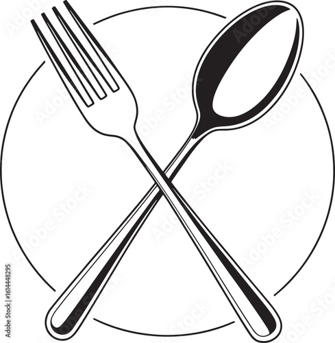 Classic silverware fork and spoon crossed over a circle