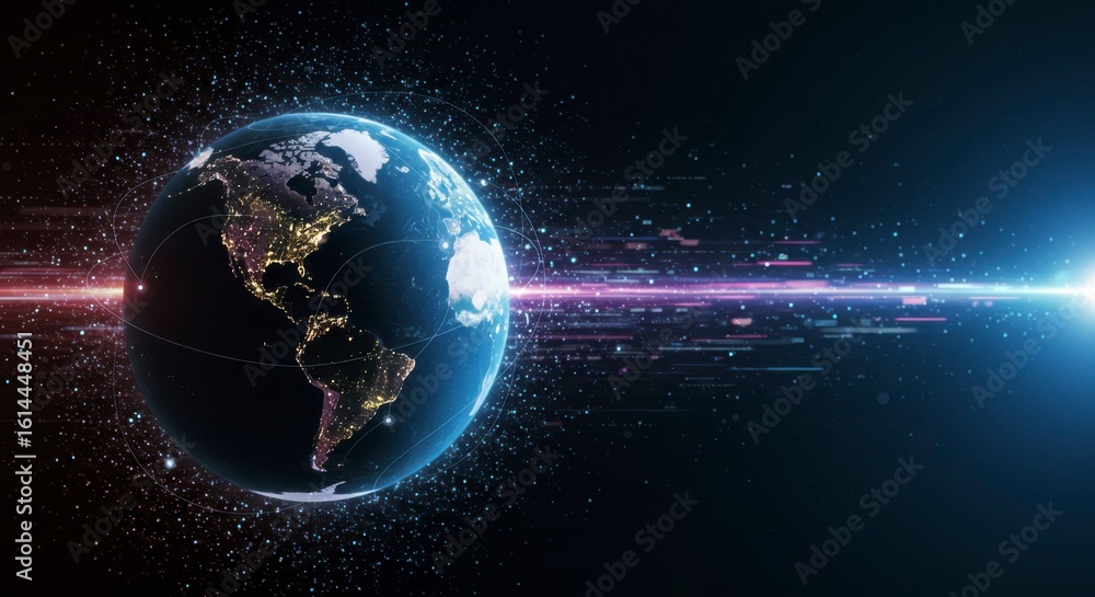 Obraz premium Illuminated globe with digital data streams traversing across it, showcasing global connectivity and technological advancement