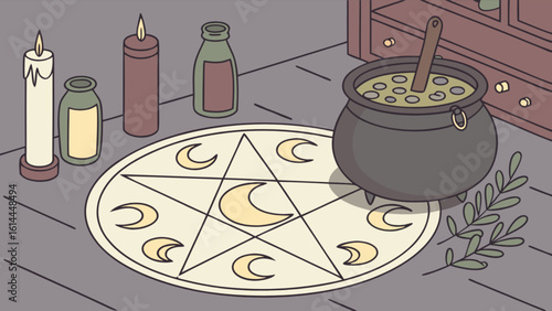 Witchcraft potion brewing ritual scene with pentagram candles and cauldron for mystical practices and spells
