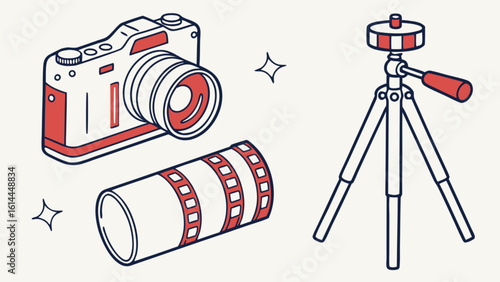 Photography equipment camera lens tripod film reel for photographers and videographers shooting photos videos