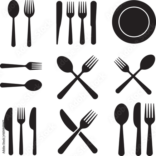 Collection of classic silverware and plate silhouettes for dining and cooking