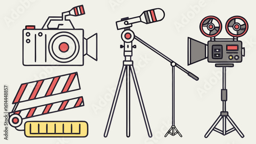 Stock film making equipment vector illustration including camera microphone and clapperboard for filmmakers