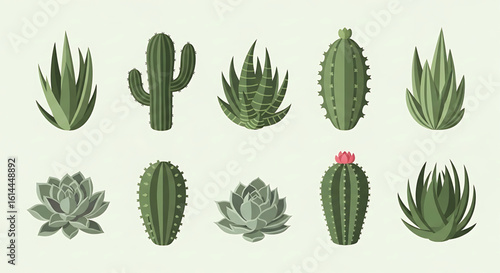 A collection of various succulent and cactus plants in a simple, flat design style.