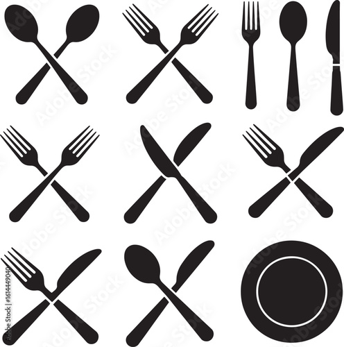Collection of silhouette icons representing various cutlery and dining utensils