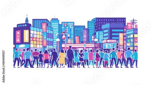 Crowd of people walking in city street with buildings and neon signs illustration for travel and tourism