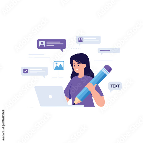 A female copywriter engaged in content creation, using a laptop for writing articles and managing online communications.