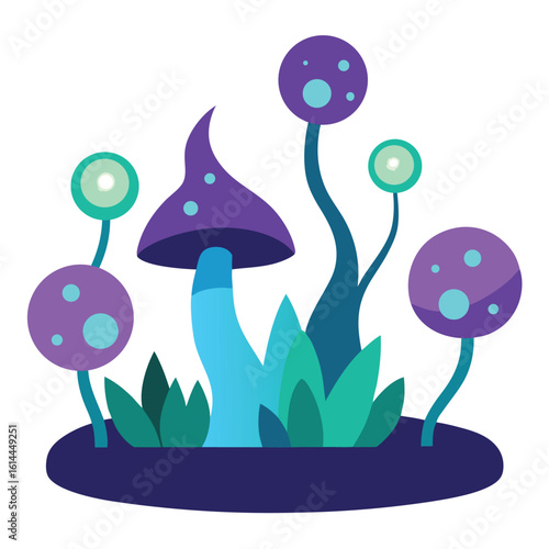 Enchanting forest glade with glowing mushrooms and winding vines