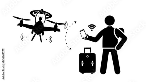 Drone travel technology unmanned aerial vehicle luggage remote control wifi connection for vacation trips