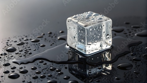 Melting Ice Cube with Water Droplets on Dark Surface
