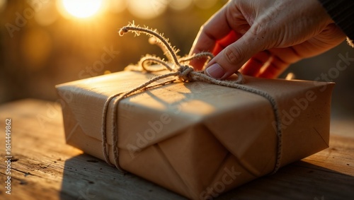 Hand untying a rustic gift box with twine in warm sunlight