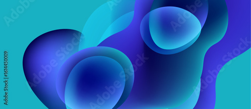 Abstract fluid shapes, vibrant blues, turquoise hues. Smooth gradients create depth, modern aesthetic. Minimalist design, calming visuals.