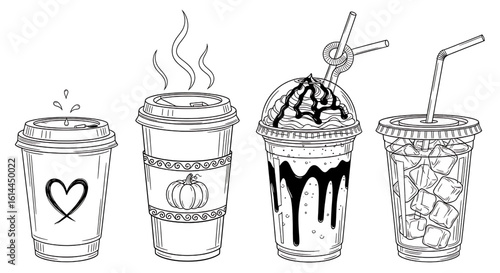 A set of hand-drawn doodle icons of various coffee drinks in takeaway cups.