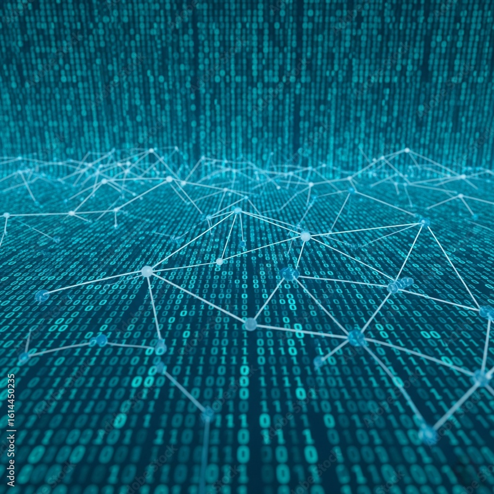 Obraz premium Futuristic Digital Binary Code Matrix - 3D Rendering of Cyber Data Network, AI Technology, and Complex Coding Background