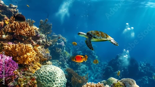 Vibrant coral reef ecosystem featuring a sea turtle and colorful tropical fish