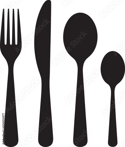 Silhouette of four utensils fork knife spoon and teaspoon