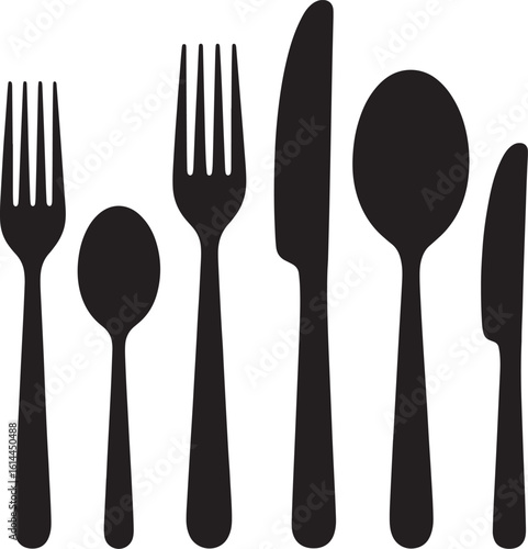 Silhouette of assorted cutlery including forks spoons and knives