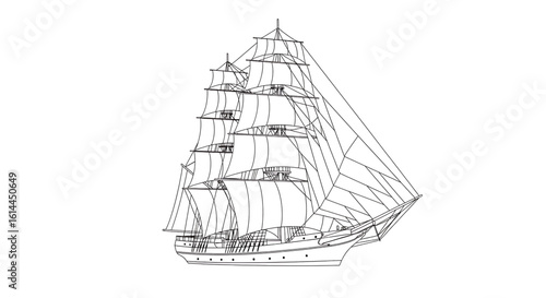 A detailed, black and white line art illustration of a historic tall sailing ship, like a frigate or galleon.