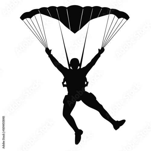 Silhouette of a skydiver in mid air against a white background