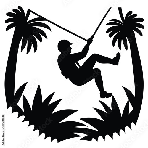 Silhouette of a person ziplining through a lush jungle canopy