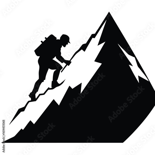 Silhouette of a person climbing a snowy mountain ridge